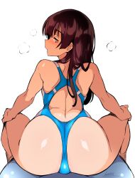 Rule 34 | 1girl, ass, ass focus, backless swimsuit, batta 16-sei, blue one-piece swimsuit, brown hair, commentary request, competition swimsuit, from behind, hands on own knees, highres, light blush, long hair, looking back, one-piece swimsuit, orange eyes, original, shoulder blades, signature, simple background, sitting, solo, straddling, swimsuit, white background