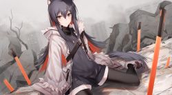 Rule 34 | 1girl, animal ear fluff, animal ears, arknights, bare tree, black hair, black pantyhose, black sweater, blurry, blurry background, blush, closed mouth, commentary request, depth of field, dutch angle, fur-trimmed hood, fur trim, hair between eyes, highres, hood, hood down, hooded jacket, jacket, kinona, long hair, long sleeves, looking at viewer, multicolored hair, official alternate costume, open clothes, open jacket, outdoors, pantyhose, planted, planted sword, planted weapon, red eyes, red hair, shoes, short shorts, shorts, sitting, sleeves past fingers, sleeves past wrists, solo, sweater, sword, tail, texas (arknights), texas (winter messenger) (arknights), tree, two-tone hair, very long hair, wariza, weapon, white footwear, white jacket, white shorts