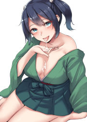Rule 34 | 1girl, absurdres, after fellatio, aqua eyes, blue hair, blush, breasts, collarbone, cum, cum in mouth, cum on body, cum on breasts, cum on tongue, cum on upper body, cum string, green hakama, green kimono, hakama, hakama short skirt, hakama skirt, heart, heart-shaped pupils, highres, houshou (kancolle), japanese clothes, kantai collection, kimono, kiritto, large breasts, looking at viewer, pleated skirt, ribbon, sitting, skirt, solo, souryuu (kancolle), symbol-shaped pupils, tongue, tongue out, twintails, wariza, white ribbon