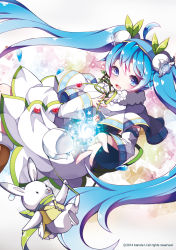 Rule 34 | 10s, 1girl, 2014, absurdres, ahoge, artist name, blue eyes, blue hair, rabbit, flower, green scarf, hatsune miku, highres, kanola u, lily of the valley, long hair, open mouth, scarf, snowdrop (flower), snowflake print, treble clef, twintails, very long hair, vocaloid, yuki miku, yukine (vocaloid)