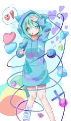 Rule 34 | 1girl, 5nikorai, animal hood, aqua hair, blue eyes, bright pupils, closed mouth, eyeball, eyes visible through hair, feet out of frame, food in mouth, hair between eyes, hand up, head tilt, highres, hood, hoodie, komeiji koishi, long sleeves, looking at viewer, pocky, pocky in mouth, short hair, single sock, socks, solo, third eye, thought bubble, touhou, white background, white pupils