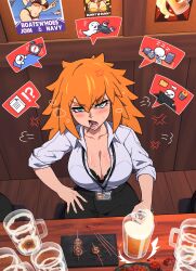 Rule 34 | 1girl, absurdres, alcohol, anger vein, aniwars, beer, beer mug, black bra, blitz (aniwars), blush, bra, breasts, cleavage, collarbone, cup, dress shirt, drunk, green eyes, hair between eyes, highres, id card, large breasts, long hair, looking at viewer, mug, office lady, open clothes, open mouth, open shirt, orange hair, original, pencil skirt, ponaners, puff of air, shirt, shirt tucked in, sidelocks, skirt, solo, speech bubble, squeans, sweat, toothpick, underwear, white shirt