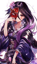 Rule 34 | 1girl, 40 (0f0urw), absurdres, black cape, black hair, blush, brown eyes, cape, collarbone, cowboy shot, gradient hair, granblue fantasy, hair between eyes, half mask, highres, holding, holding mask, japanese clothes, kimono, long hair, long sleeves, looking at viewer, mask, multicolored hair, parted lips, purple hair, purple kimono, rosamia (granblue fantasy), solo, standing, very long hair, white background, wide sleeves