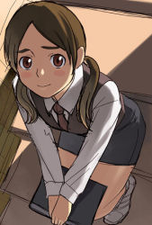 Rule 34 | 1girl, blush, brown hair, office lady, original, pencil skirt, shy, skirt, solo, twintails, yizumi