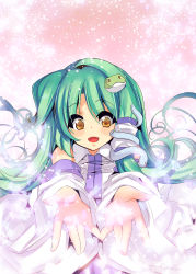 Rule 34 | 1girl, absurdres, bare shoulders, curly hair, detached sleeves, eyelashes, female focus, fujishima-sei ichi-gou, green hair, hair ornament, highres, kochiya sanae, light, long hair, open hands, outstretched arms, outstretched hand, petals, snake, solo, touhou, upper body, yellow eyes