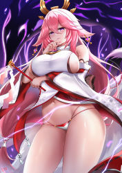 Rule 34 | 1girl, arm under breasts, blush, breasts, commentary, cyicheng, detached sleeves, english commentary, genshin impact, hair between eyes, hair ornament, holding, japanese clothes, large breasts, long hair, long sleeves, looking at viewer, miko, nail polish, navel, panties, parted lips, pink hair, pink nails, purple background, purple eyes, sideboob, smile, solo, thighs, two-tone panties, underwear, wide sleeves, yae miko