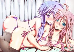 Rule 34 | 2girls, ahoge, all fours, ass, bikini, blue eyes, grabbing another&#039;s breast, breasts, covered erect nipples, girl on top, grabbing, ia (vocaloid), long hair, looking at another, low twintails, lying on person, micro bikini, midriff, multiple girls, open mouth, pink hair, purple eyes, purple hair, short hair, side-tie bikini bottom, small breasts, swimsuit, tad s, thighhighs, thong, thong bikini, twintails, vocaloid, voiceroid, yuri, yuzuki yukari