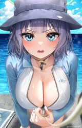 Rule 34 | 1girl, absurdres, blue archive, blue eyes, blue sky, blush, breasts, bucket hat, cleavage, cloud, day, flying sweatdrops, halo, hat, highres, large breasts, leash, open mouth, outdoors, pool, pov, purple hair, rash guard, saki (blue archive), saki (swimsuit) (blue archive), short hair, sky, solo, v-shaped eyebrows, viewer holding leash, water, wet, yayoi maka, zipper, zipper pull tab