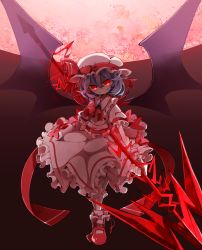 Rule 34 | 1girl, ascot, bad id, bad pixiv id, bat wings, blue hair, dress, fang, hat, highres, moon, red eyes, red moon, remilia scarlet, sam 58, short hair, slit pupils, smile, solo, spear the gungnir, touhou, wings
