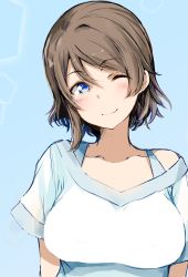 Rule 34 | blue background, blue eyes, blush, bra strap, breasts, collarbone, gengoroh, hair behind ear, head tilt, highres, large breasts, looking to the side, love live!, love live! sunshine!!, portrait, shirt, short hair, smile, watanabe you, white shirt