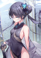 Rule 34 | 1girl, absurdres, bare shoulders, black dress, black gloves, black hair, blood, blood on face, blue archive, breasts, butterfly hair ornament, chinese clothes, closed mouth, covered navel, dragon print, dress, floating hair, gloves, grey eyes, hair bun, hair ornament, halo, highres, holding, holding weapon, kisaki (blue archive), long hair, looking at viewer, silveroid, sleeveless, sleeveless dress, small breasts, solo, standing, twintails, weapon