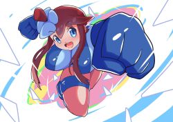 Rule 34 | 1girl, blue eyes, breasts, creatures (company), game freak, gloves, highres, large breasts, long hair, masamu3939, nintendo, open mouth, pokemon, pokemon bw, punching, red hair, skyla (pokemon), teeth, upper teeth only