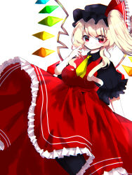 Rule 34 | alternate headwear, black headwear, black pantyhose, black shirt, blonde hair, breasts, closed mouth, feet out of frame, flandre scarlet, frilled skirt, frilled sleeves, frills, highres, light smile, long hair, long skirt, looking at viewer, medium breasts, multicolored wings, necktie, one side up, pantyhose, puffy short sleeves, puffy sleeves, rainbow order, red eyes, red skirt, red vest, shirt, short sleeves, skirt, touhou, user jwtz7387, vest, white background, wings, yellow necktie