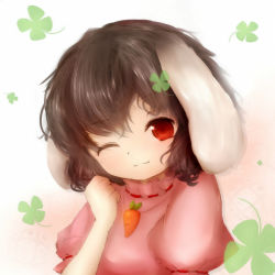 Rule 34 | 1girl, ;3, amano jack, animal ears, bad id, bad pixiv id, black hair, blouse, carrot, clenched hand, clover, female focus, four-leaf clover, gradient background, highres, inaba tewi, jewelry, light smile, looking at viewer, one eye closed, pendant, puffy short sleeves, puffy sleeves, rabbit ears, red eyes, shirt, short hair, short sleeves, simple background, solo, touhou, upper body, wink