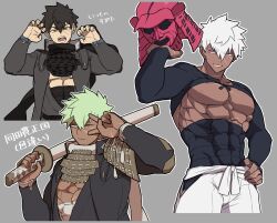 Rule 34 | 1boy, alternate hair color, alternate skin color, armor, bara, black hair, black scarf, character name, claw pose, closed mouth, commentary request, cyp1a2, dark-skinned male, dark skin, doudanuki masakuni, green hair, grey background, hand on own hip, hand up, hands up, helmet, highres, holding, holding helmet, holding sword, holding weapon, japanese armor, japanese clothes, kabuto (helmet), kote, male focus, midriff sarashi, multiple persona, muscular, muscular male, nagatekkou, obliques, one eye closed, open mouth, outline, over shoulder, pink eyes, sarashi, scar, scar on chest, scar on face, scar on stomach, scarf, short hair, shoulder armor, side slit, simple background, smile, sode, sword, sword over shoulder, tassel, touken ranbu, translation request, uchigatana, upper body, v, weapon, weapon over shoulder, white hair, white outline, yellow eyes