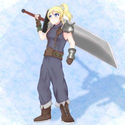 Rule 34 | 1girl, aqua scrunchie, artist request, ayase eli, bare shoulders, blonde hair, blue eyes, blush, boots, breasts, brown footwear, brown gloves, clenched hand, cloud (cosplay), cosplay, cowboy shot, female focus, final fantasy, final fantasy vii, final fantasy vii remake, fingerless gloves, full body, gloves, grey pants, grey shirt, hair between eyes, hair ornament, hair scrunchie, highres, holding, holding sword, holding weapon, long hair, looking at viewer, love live!, love live! school idol project, minami izumi325, pants, parted lips, ponytail, scrunchie, shirt, single bare shoulder, single shoulder pad, small breasts, solo, striped clothes, striped shirt, sword, vertical-striped clothes, vertical-striped shirt, weapon