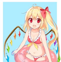 Rule 34 | 1girl, :d, adapted costume, ahoge, bikini, blonde hair, blue background, blush, bow, breasts, cleavage, fang, flandre scarlet, frilled bikini, frills, hair bow, innertube, looking at viewer, navel, open mouth, red eyes, short hair, side ponytail, simple background, smile, solo, swim ring, swimsuit, touhou, unfinished, wings, yada (xxxadaman)