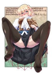 Rule 34 | 1girl, 3:, 3:&lt;, arm warmers, ass, blonde hair, blush, breasts, brown thighhighs, clothes lift, feet, green eyes, half updo, highres, large breasts, mizuhashi parsee, no panties, no shoes, ootsuki wataru, pointy ears, sash, scarf, shirt, sitting, skirt, skirt lift, solo, spread legs, thighhighs, toes, touhou, translation request, upskirt, v-shaped eyebrows, wavy mouth, white scarf