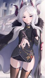 Rule 34 | 1girl, absurdres, ahoge, black coat, black jacket, black skirt, black thighhighs, blue archive, blurry, blurry background, blush, coat, coat on shoulders, curled horns, demon horns, gloves, goback, grey hair, highres, hina (blue archive), holding, holding clothes, holding gloves, horns, jacket, long hair, looking at viewer, miniskirt, multiple horns, parted bangs, ponytail, purple eyes, reaching, reaching towards viewer, side slit, sidelocks, single glove, skirt, solo, thighhighs, very long hair