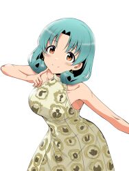 Rule 34 | 1girl, armpits, bare shoulders, breasts, brown eyes, closed mouth, collarbone, cowboy shot, curly hair, dot nose, dress, earrings, finger to cheek, forehead, green hair, highres, idolmaster, idolmaster million live!, idolmaster million live! theater days, jewelry, large breasts, light smile, looking at viewer, matcha kingyo, parted bangs, print dress, solo, standing, tokugawa matsuri