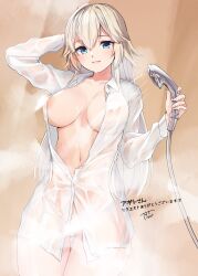 Rule 34 | 1girl, arm up, blonde hair, blue eyes, breasts, closed mouth, collarbone, collared shirt, commentary request, cowboy shot, dress shirt, hair between eyes, hair flaps, highres, holding, holding shower head, large breasts, looking at viewer, naked shirt, nipples, open mouth, original, partially unbuttoned, pekoni (peconi), second-party source, see-through, see-through shirt, shirt, shower head, showering, smile, solo, standing, translation request, wet, wet clothes