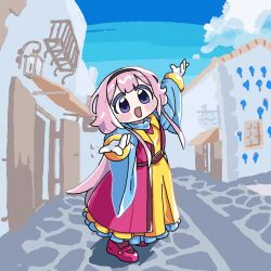 Rule 34 | 1girl, alternate costume, arm up, beckoning, belt, black hairband, blue sky, blue sleeves, brown belt, building, cloud, coat, cobblestone, commentary request, day, dress, european architecture, full body, gloves, hairband, long hair, long sleeves, looking at viewer, mary janes, nijisanji, open mouth, outdoors, outstretched arms, outstretched hand, pink coat, pink footwear, pink hair, purple eyes, reakaki, shima spain village, shoes, sky, smile, solo, spread arms, suo sango, virtual youtuber, white gloves, yellow dress