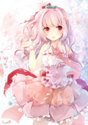 Rule 34 | 1girl, bare shoulders, bow, bracelet, covered mouth, dress, elbow gloves, flower, gloves, hair bow, hair flower, hair ornament, jewelry, long hair, looking at viewer, original, pink dress, pink eyes, pink gloves, pink hair, puracotte, red eyes, ribbon, signature, single glove, skirt, solo, standing
