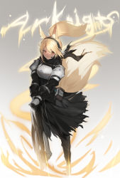 Rule 34 | 1girl, absurdres, animal ear fluff, animal ears, arknights, armor, black scarf, black shirt, black skirt, blonde hair, breastplate, copyright name, headset, highres, horse ears, horse girl, horse tail, jam (nandade), looking at viewer, nearl (arknights), ponytail, scarf, shirt, shoulder armor, skirt, solo, standing, tail, torn clothes, torn skirt, yellow eyes