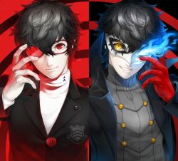 Rule 34 | 10s, 2boys, amamiya ren, black hair, blue fire, cape, dual persona, fire, formal, glasses, gloves, harusatonougyou, high collar, highres, male focus, mask, multiple boys, persona, persona 5, red eyes, school uniform, smile, turtleneck, yellow eyes
