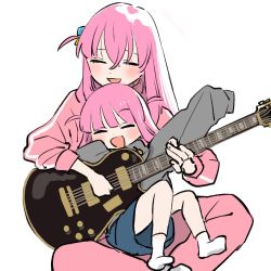 Rule 34 | 2girls, blush, bocchi the rock!, closed eyes, cube hair ornament, electric guitar, gotoh futari, gotoh hitori, grey sweater, guitar, hair between eyes, cube hair ornament, hair ornament, highres, instrument, jacket, long hair, multiple girls, music, okanadamo, one side up, open mouth, pants, pink hair, pink jacket, pink pants, playing instrument, siblings, simple background, sisters, sitting, sitting on lap, sitting on person, sketch, skirt, smile, socks, sweater, track jacket, track suit, white background