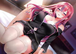Rule 34 | 1boy, 1girl, azur lane, black skirt, breasts, bremerton (azur lane), bremerton (relaxation consultation) (azur lane), censored, cleavage, clothing cutout, commentary request, hand on own chest, indoors, large breasts, long hair, long sleeves, looking at viewer, mole, mole on breast, mole under eye, mosaic censoring, navel, navel cutout, navel piercing, off shoulder, official alternate costume, parted lips, penis, piercing, pink hair, pontaro18, purple eyes, skirt, smile, solo focus, thigh sex, thighhighs, thighs, white thighhighs