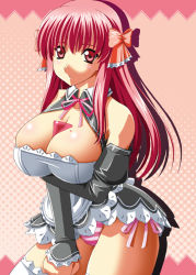 Rule 34 | 1girl, amane (dream c club), bare shoulders, breast hold, breasts, bust cup, cleavage, cleavage cutout, clothing cutout, detached sleeves, dream c club, dream c club (series), izta, kumashiro izuta, large breasts, long hair, panties, pink hair, red eyes, ribbon, solo, striped clothes, striped panties, thighhighs, underwear, waitress, white thighhighs