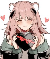 Rule 34 | 1girl, animal ears, aogisa, arknights, barcode, barcode tattoo, black jacket, blush, closed eyes, facing viewer, gift, gravel (arknights), heart, highres, holding, holding gift, jacket, long hair, mouse ears, off shoulder, pink hair, shoulder tattoo, simple background, smile, solo, tattoo, upper body, white background