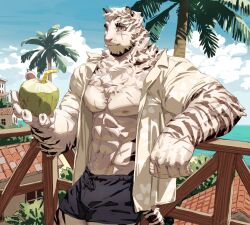 Rule 34 | abs, arknights, bara, bare pectorals, black shorts, blue sky, cloud, coconut, coconut tree, commentary, drink, english commentary, furry, furry male, gentle2nd, holding, holding drink, light smile, looking at viewer, mountain (arknights), multiple scars, muscular, muscular male, ocean, palm tree, pectorals, scar, shorts, sky, smile, tail, tiger boy, tiger stripes, tiger tail, tree, white fur