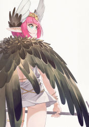 Rule 34 | 1girl, ass, backless dress, backless outfit, bangle, black wings, bracelet, circe (fate), commentary request, dress, fate/grand order, fate (series), feathered wings, from behind, grey background, head wings, headpiece, highres, holding, jewelry, looking away, looking to the side, pink hair, pointy ears, simple background, solo, standing, white dress, white wings, wings, yunar