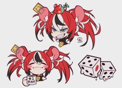 Rule 34 | animal ears, black hair, blue eyes, collar, cup, dice, dice hair ornament, hair ornament, hakos baelz, hololive, hololive english, mouse ears, mouse girl, mouse tail, mr. squeaks (hakos baelz), mug, multicolored hair, red hair, shiogaki, spiked collar, spikes, streaked hair, tail, twintails, virtual youtuber, white hair