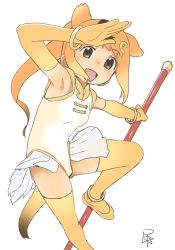 Rule 34 | 10s, 1girl, :d, animal ears, armpits, bare shoulders, baton, black eyes, blonde hair, blush, bracelet, brown hair, circlet, commentary request, elbow gloves, eyebrows, gloves, golden snub-nosed monkey (kemono friends), gradient hair, hand on forehead, hand up, high ponytail, holding, holding staff, jewelry, kemono friends, leg up, leotard, long hair, looking at viewer, monkey ears, monkey tail, multicolored hair, open hand, open mouth, orange hair, outstretched arm, ponytail, satsuyo, shiny skin, signature, simple background, skirt, sleeveless, smile, solo, staff, tail, tareme, thighhighs, weapon, white background, white skirt, yellow thighhighs