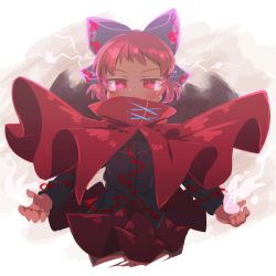 Rule 34 | 1girl, arms at sides, covered face, ini (inunabe00), jacket, looking at viewer, red eyes, red hair, sekibanki, simple background, solo, touhou, white background