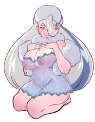 Rule 34 | 1girl, belly, blonde hair, breasts, creatures (company), earrings, game freak, gym leader, hair over one eye, hat, jewelry, kukumomo, large breasts, lingerie, long hair, looking at viewer, mature female, melony (pokemon), navel, nightgown, nintendo, plump, pokemon, pokemon swsh, puffy nipples, ring, seiza, simple background, sitting, sleepwear, smile, solo, stomach, underwear, very long hair, wariza, white background