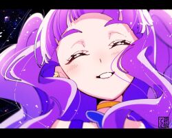 Rule 34 | 1girl, aoi tete, artist logo, choker, closed eyes, cure majesty, earclip, ellee-chan, facing viewer, highres, hirogaru sky! precure, letterboxed, magical girl, open mouth, precure, purple hair, smile, solo, two side up, yellow choker