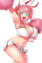 Rule 34 | 1girl, aqua eyes, armpits, arms up, belly, breasts, cleavage, covered erect nipples, curvy, elphelt valentine, guilty gear, hat, highres, large breasts, long hair, looking at viewer, midriff, miniskirt, navel, onsoku inu, open mouth, pink hair, pom pom (cheerleading), shiny skin, simple background, skindentation, skirt, smile, solo, thighs, white background