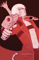 Rule 34 | 1boy, abs, absurdres, aged down, aiming, aiming at viewer, artist name, capcom, coat, commentary, dante (devil may cry), devil may cry, devil may cry (series), devil may cry 3, fingerless gloves, gloves, grin, gun, hair between eyes, handgun, highres, holding, holding gun, holding weapon, ivory (devil may cry), jewelry, looking at viewer, male focus, muscular, muscular male, naomi gumbs (hanamimi), navel, open clothes, open coat, pectorals, pendant, pointing gun, red coat, red theme, short hair, simple background, smile, twitter username, weapon, white hair