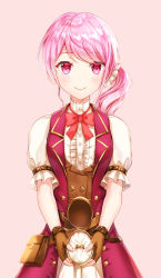 Rule 34 | 1girl, bad id, bad pixiv id, bang dream!, bow, brown gloves, brown vest, center frills, closed mouth, dress shirt, fingerless gloves, frills, gloves, highres, holding, jewelry, long hair, looking at viewer, lunacle, maruyama aya, pink background, pink hair, puffy short sleeves, puffy sleeves, purple eyes, red bow, ring, shirt, short sleeves, simple background, skirt, smile, solo, vest, white shirt, white skirt