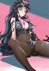 Rule 34 | 1girl, arm support, ass, bare shoulders, bikini, black bikini, black gloves, black hair, bodystocking, breasts, cleavage, clothes writing, covered navel, earrings, facial mark, fate (series), feet out of frame, fingerless gloves, forehead mark, gloves, hat, highres, holding, jewelry, jinyuan712, knee up, large breasts, lips, long hair, looking at viewer, multicolored hair, necktie, parted lips, peaked cap, pink hair, pink necktie, print necktie, print neckwear, sessyoin kiara, sessyoin kiara (swimsuit mooncancer), sessyoin kiara (swimsuit mooncancer) (second ascension), shadow, sideboob, sitting, smile, solo, spread legs, streaked hair, swimsuit, thighs, torn clothes, traffic baton, two-tone hair, very long hair, yellow eyes, zipper, zipper pull tab