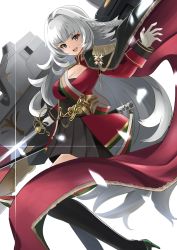 Rule 34 | 1girl, :d, azur lane, badge, black cape, black footwear, black legwear, blunt bangs, braid, breasts, cape, cleavage, commentary request, epaulettes, eyes visible through hair, gloves, grey eyes, high heels, highres, holding, holding sword, holding weapon, long hair, long sleeves, looking at viewer, machinery, manjirou (manji illust), open mouth, pleated skirt, sidelocks, silver hair, simple background, single braid, skirt, smile, solo, sword, turret, v-shaped eyebrows, vittorio veneto (azur lane), weapon, white background, white gloves