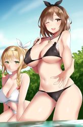 Rule 34 | 2girls, ;d, absurdres, atelier (series), atelier ryza, atelier ryza 1, bad id, bad pixiv id, bare arms, bare shoulders, bikini, black bikini, blonde hair, blue sky, bow, braid, breasts, brown hair, closed mouth, covered erect nipples, day, fary5, green eyes, hair bow, hair ornament, hair ribbon, hairclip, headband, highres, jewelry, klaudia valentz, large breasts, looking at viewer, multiple girls, navel, necklace, one eye closed, open mouth, outdoors, reisalin stout, ribbon, short hair, sidelocks, single braid, sky, smile, star (symbol), star necklace, stomach, strap pull, sweat, swimsuit, thighs, wading, water, white bikini