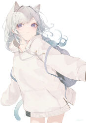 Rule 34 | 1girl, absurdres, animal ear fluff, animal ears, backpack, bag, blush, braid, cat ears, cat girl, cat tail, closed mouth, commentary request, cowboy shot, grey eyes, grey hair, hair intakes, highres, hood, hood down, hoodie, long hair, long sleeves, looking at viewer, mayogii, original, puffy long sleeves, puffy sleeves, simple background, single braid, sleeves past fingers, sleeves past wrists, solo, standing, tail, white background, white hoodie