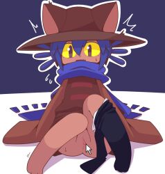 Rule 34 | 1girl, animal ear headwear, black pantyhose, blue background, blue hair, blue scarf, cat girl, colored sclera, crepix, fake animal ears, fang, flying sweatdrops, furry, furry female, hair between eyes, hat, niko (oneshot), oneshot (game), open mouth, outline, panties, panties around leg, pantyhose, pantyhose around one leg, pussy, scarf, sitting, sleeves past wrists, solo, spread pussy, surprised, uncensored, underwear, white outline, yellow sclera