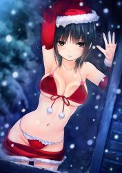 Rule 34 | 1girl, against glass, aoyama sumika, arm up, armpits, black hair, blurry, bra, breast press, breasts, breasts on glass, brown eyes, christmas, cleavage, closed mouth, clothes pull, coffee-kizoku, cowboy shot, dutch angle, eyebrows, front-tie top, fur trim, groin, hand up, hat, heart, highres, light smile, looking at viewer, miniskirt, navel, original, outdoors, panties, pencil skirt, pom pom (clothes), red bra, red hat, red panties, red skirt, santa costume, santa hat, short hair, skirt, skirt pull, snow, snowing, solo, stomach, strap gap, string panties, tree, underwear, window