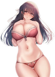 Rule 34 | 1girl, amane ruri, black hair, bra, breasts, commentary request, glasses, hair ribbon, highres, large breasts, long hair, looking at viewer, navel, original, panties, red bra, red eyes, red panties, ribbon, simple background, solo, stomach, underwear, underwear only, white background, white ribbon